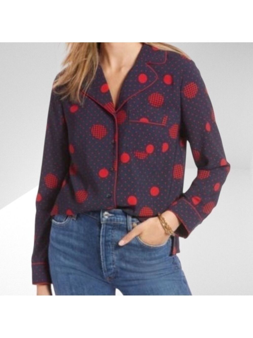 1901 Navy & Red Polka Dot Collared Button Up Long Sleeve Relaxed Blouse NWOT